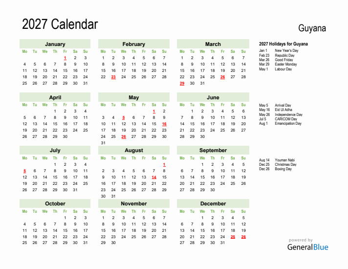 Holiday Calendar 2027 for Guyana (Monday Start)