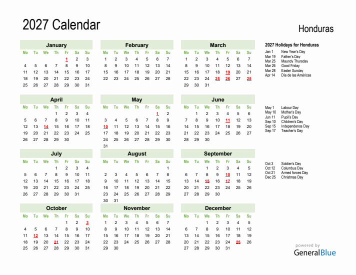 Holiday Calendar 2027 for Honduras (Monday Start)