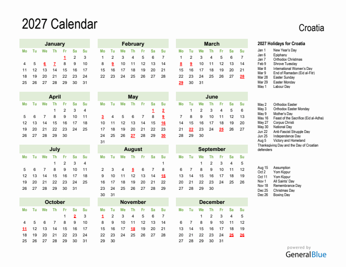 Holiday Calendar 2027 for Croatia (Monday Start)