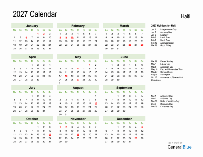 Holiday Calendar 2027 for Haiti (Monday Start)