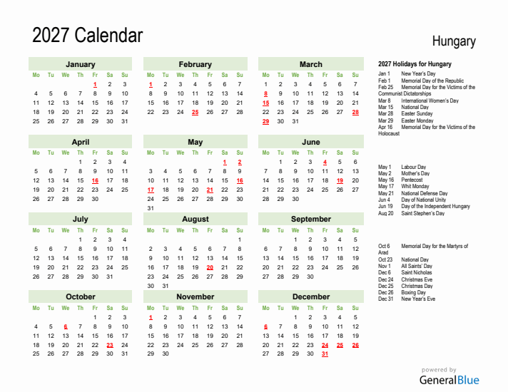 Holiday Calendar 2027 for Hungary (Monday Start)