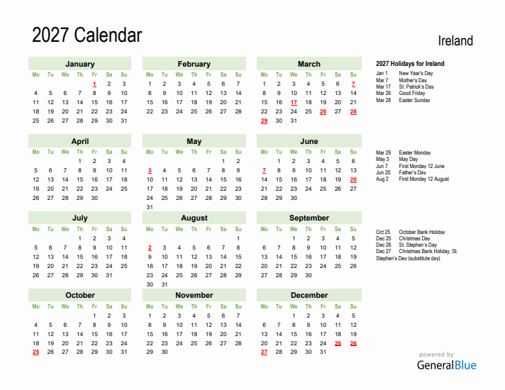 Holiday Calendar 2027 for Ireland (Monday Start)