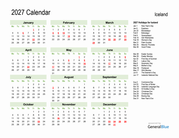 Holiday Calendar 2027 for Iceland (Monday Start)