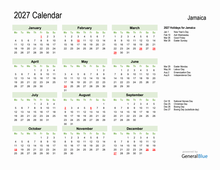 Holiday Calendar 2027 for Jamaica (Monday Start)
