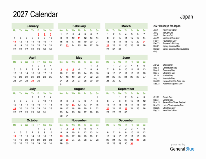 Holiday Calendar 2027 for Japan (Monday Start)