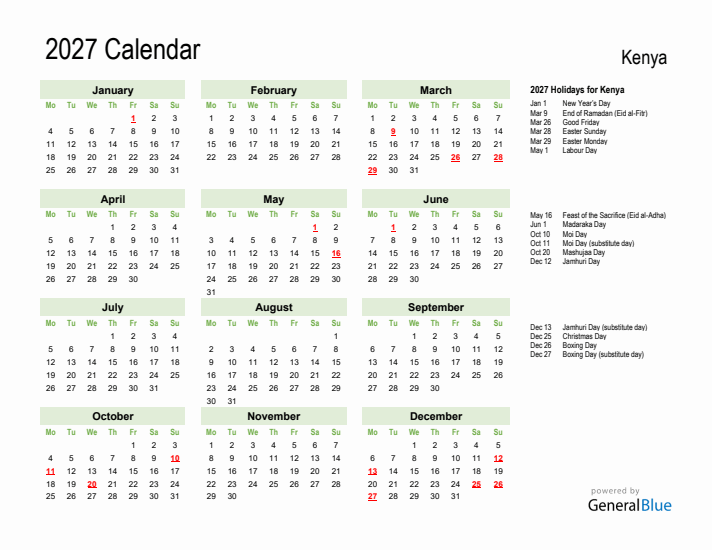 Holiday Calendar 2027 for Kenya (Monday Start)