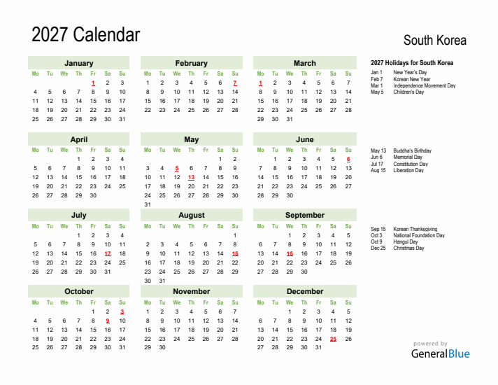 Holiday Calendar 2027 for South Korea (Monday Start)