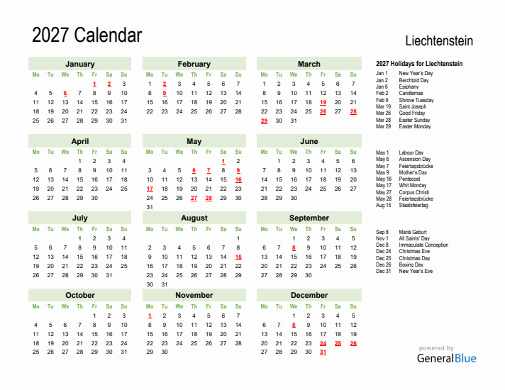 Holiday Calendar 2027 for Liechtenstein (Monday Start)