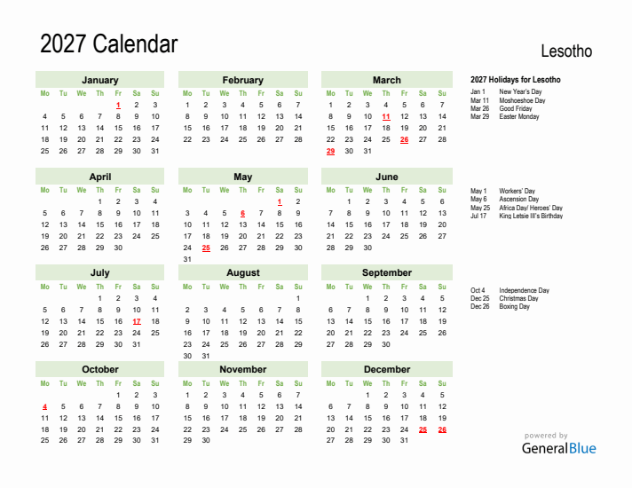 Holiday Calendar 2027 for Lesotho (Monday Start)