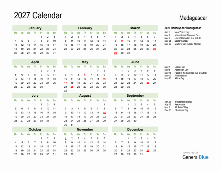 Holiday Calendar 2027 for Madagascar (Monday Start)