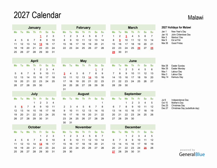 Holiday Calendar 2027 for Malawi (Monday Start)