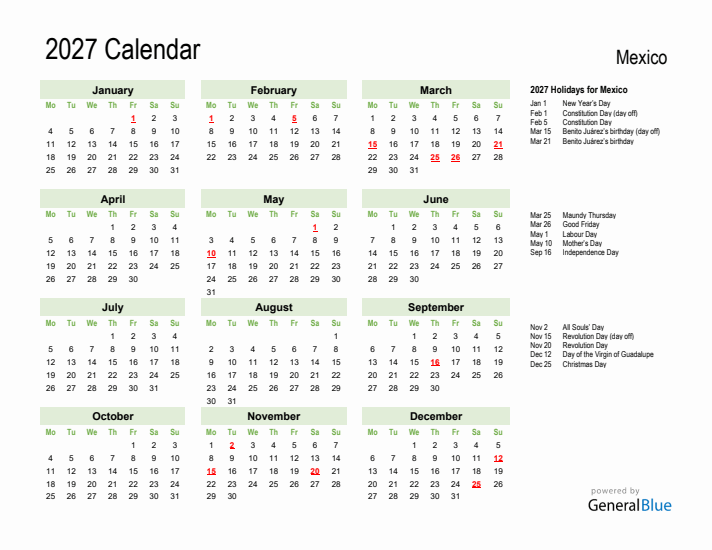 Holiday Calendar 2027 for Mexico (Monday Start)