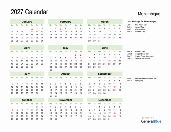 Holiday Calendar 2027 for Mozambique (Monday Start)