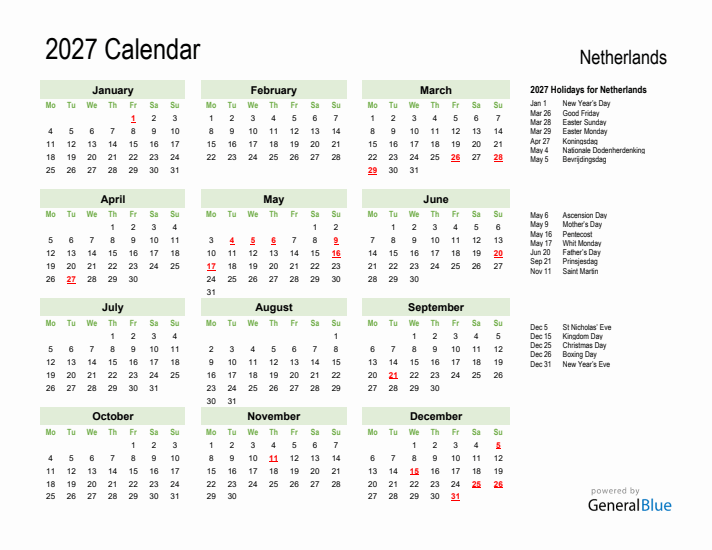 Holiday Calendar 2027 for The Netherlands (Monday Start)