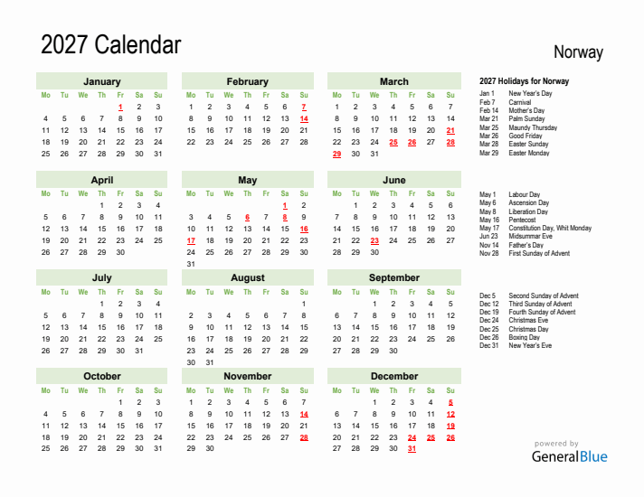 Holiday Calendar 2027 for Norway (Monday Start)