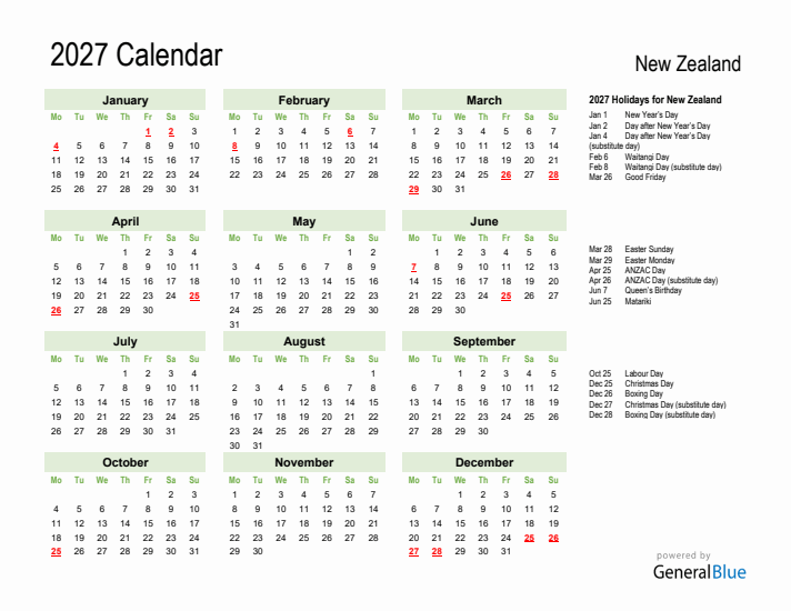 Holiday Calendar 2027 for New Zealand (Monday Start)