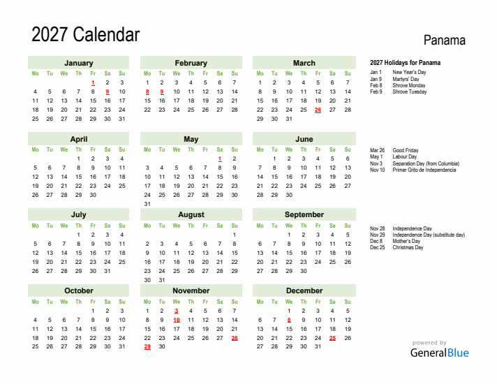 Holiday Calendar 2027 for Panama (Monday Start)