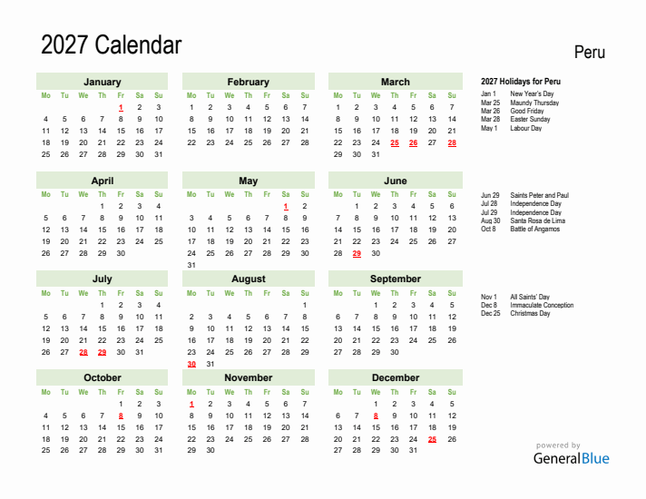 Holiday Calendar 2027 for Peru (Monday Start)