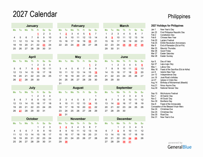 Holiday Calendar 2027 for Philippines (Monday Start)