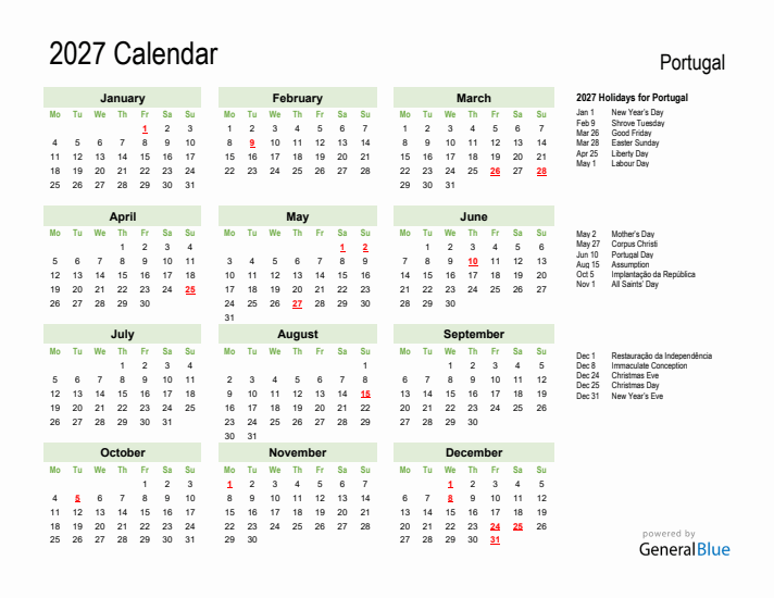 Holiday Calendar 2027 for Portugal (Monday Start)