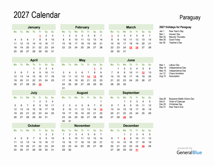 Holiday Calendar 2027 for Paraguay (Monday Start)
