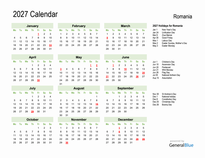 Holiday Calendar 2027 for Romania (Monday Start)
