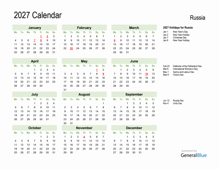 Holiday Calendar 2027 for Russia (Monday Start)