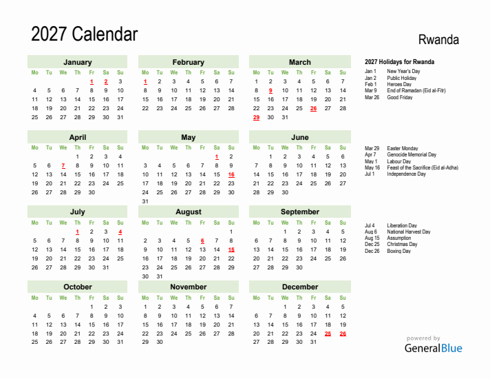 Holiday Calendar 2027 for Rwanda (Monday Start)