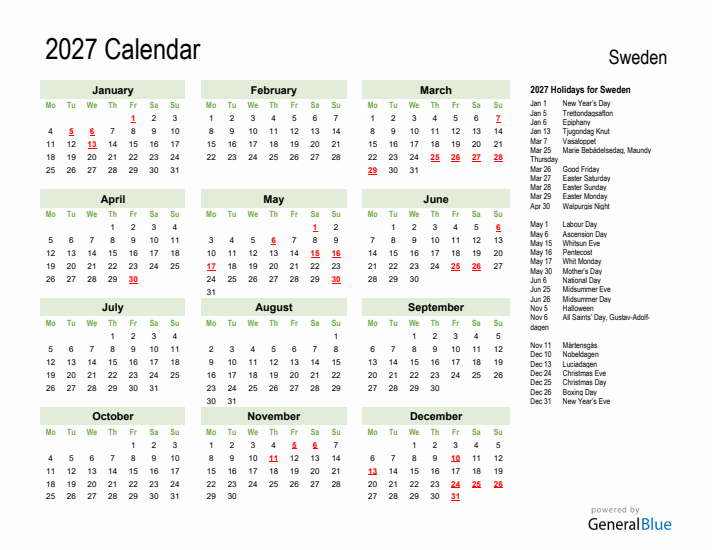 Holiday Calendar 2027 for Sweden (Monday Start)