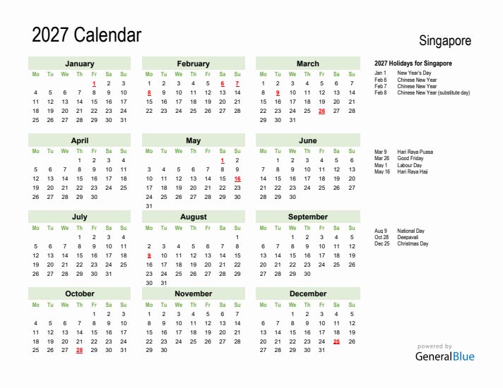 Holiday Calendar 2027 for Singapore (Monday Start)