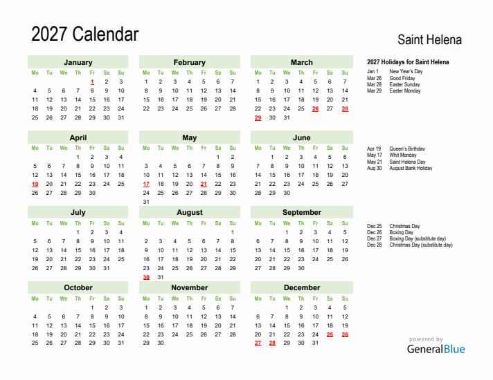 Holiday Calendar 2027 for Saint Helena (Monday Start)