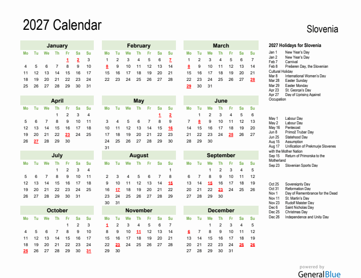 Holiday Calendar 2027 for Slovenia (Monday Start)