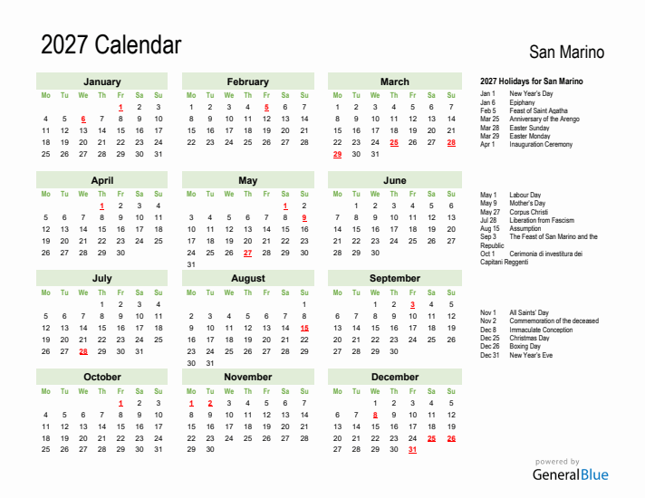 Holiday Calendar 2027 for San Marino (Monday Start)
