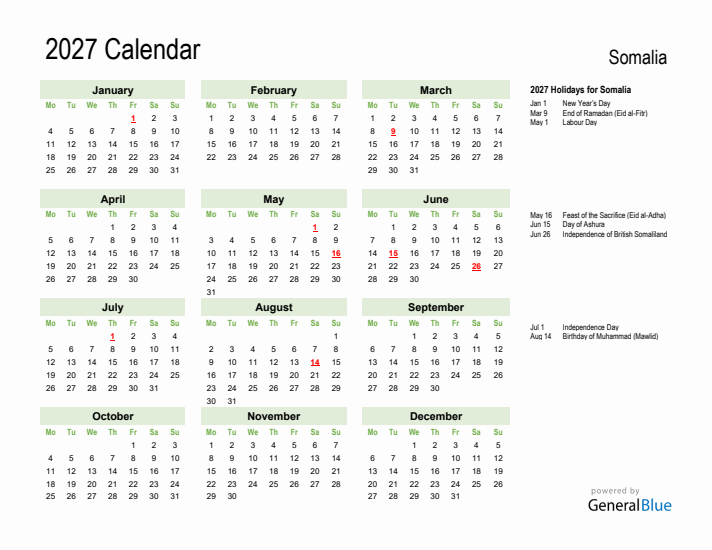 Holiday Calendar 2027 for Somalia (Monday Start)