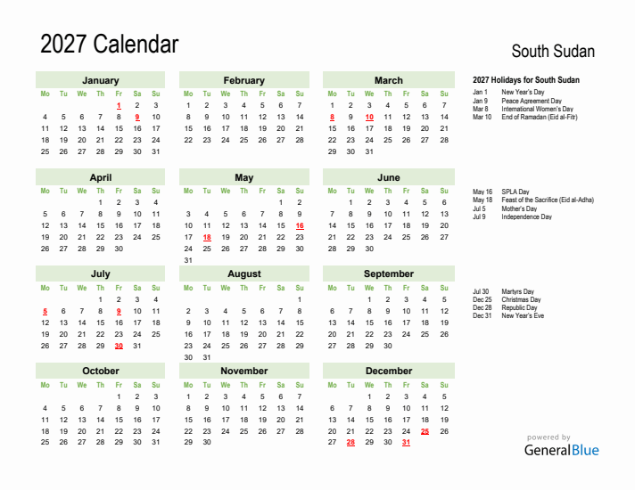 Holiday Calendar 2027 for South Sudan (Monday Start)