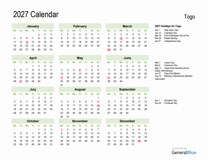 Holiday Calendar 2027 for Togo (Monday Start)
