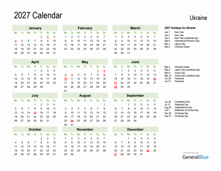 Holiday Calendar 2027 for Ukraine (Monday Start)