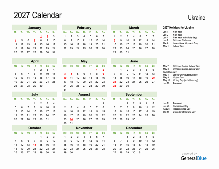 Holiday Calendar 2027 for Ukraine (Monday Start)