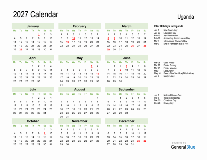 Holiday Calendar 2027 for Uganda (Monday Start)