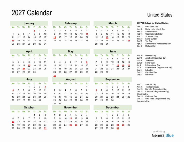 Holiday Calendar 2027 for United States (Monday Start)