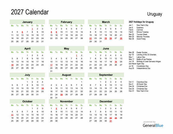 Holiday Calendar 2027 for Uruguay (Monday Start)