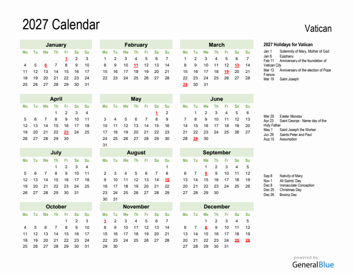 Holiday Calendar 2027 for Vatican (Monday Start)