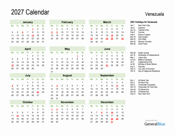 Holiday Calendar 2027 for Venezuela (Monday Start)