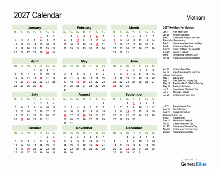Holiday Calendar 2027 for Vietnam (Monday Start)