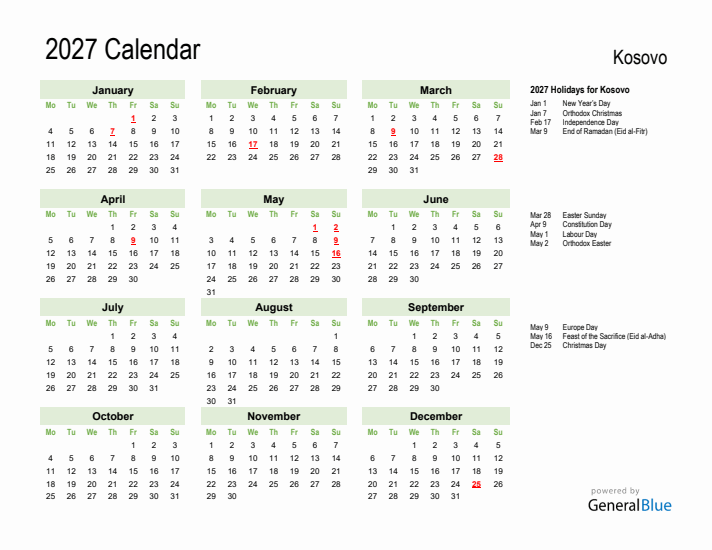 Holiday Calendar 2027 for Kosovo (Monday Start)