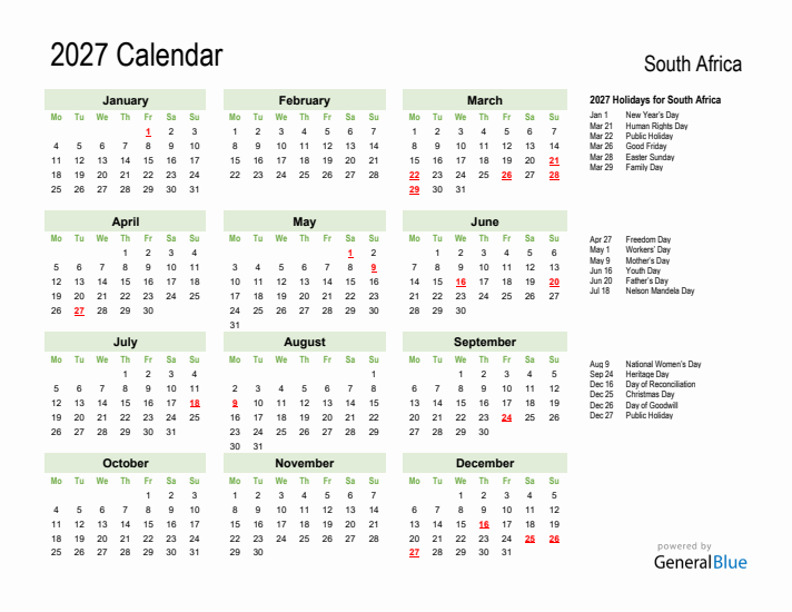 Holiday Calendar 2027 for South Africa (Monday Start)