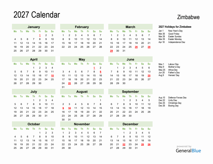 Holiday Calendar 2027 for Zimbabwe (Monday Start)