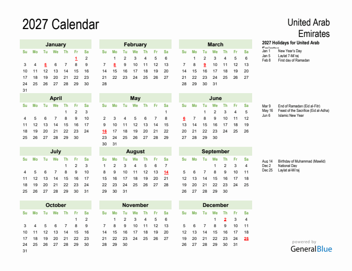 Holiday Calendar 2027 for United Arab Emirates (Sunday Start)