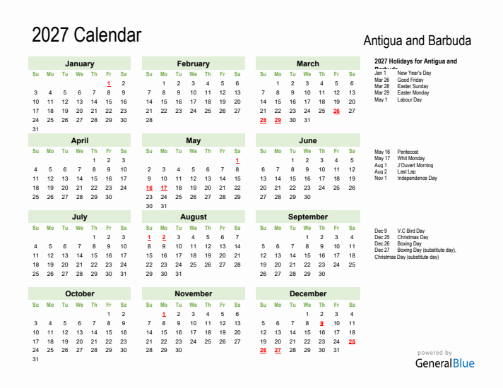 Holiday Calendar 2027 for Antigua and Barbuda (Sunday Start)