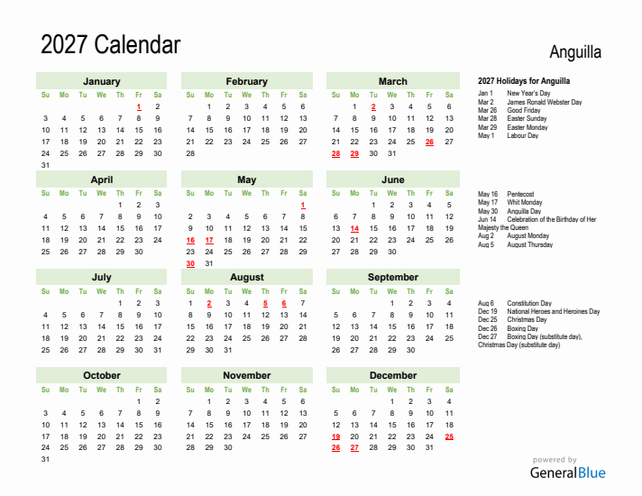 Holiday Calendar 2027 for Anguilla (Sunday Start)